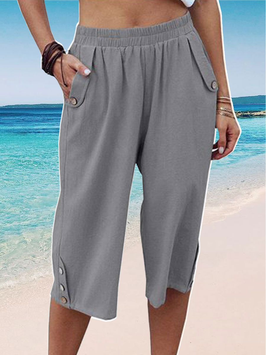 Casual Loose Solid Color Elastic Waist Cropped Pants