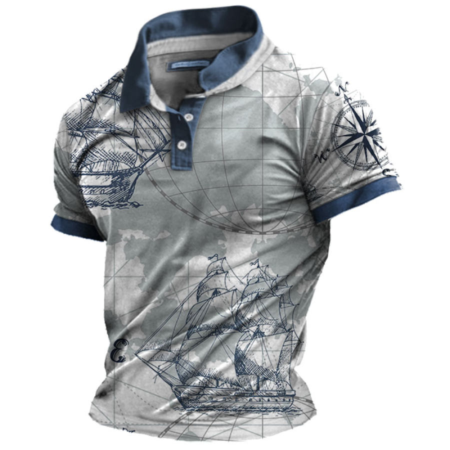 

Men's Vintage Nautical Map Color Block Polo Neck Casual T-Shirt