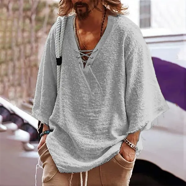 Men's Loose 3/4 Sleeve Lace-Up Linen Top - Kalesafe.com 