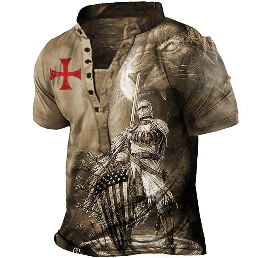 

Men's Vintage Templar Lion Cross Print Henley T-Shirt