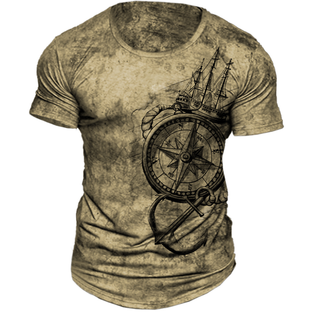 Men's Vintage Anchor Compass Print Chic Round Neck T-shirt