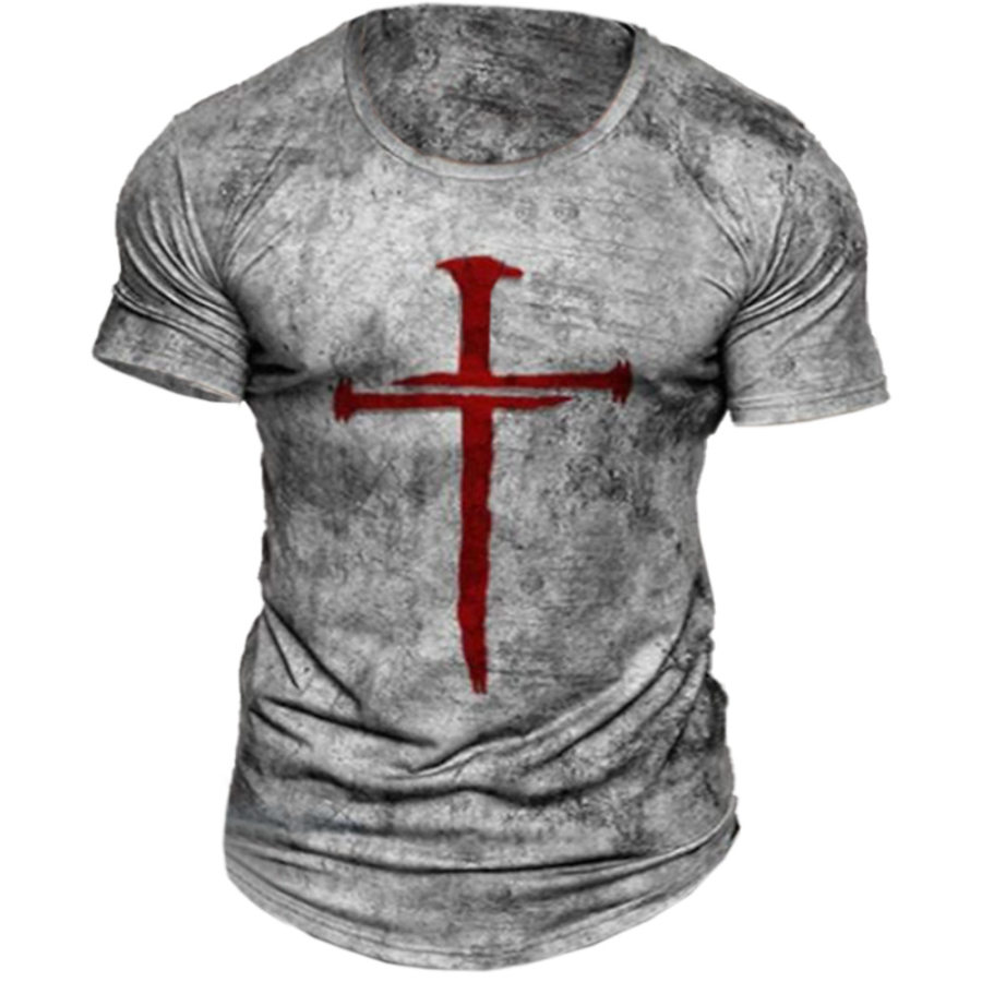 

Men's Vintage Cross Print Round Neck T-shirt