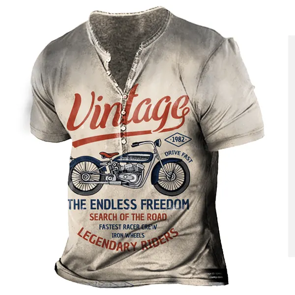 Vintage Motorcycle Racing Men's Print Henley Short Sleeve T-Shirt - Kalesafe.com 
