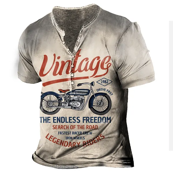 Vintage Motorcycle Racing Men's Print Henley Short Sleeve T-Shirt - Chrisitina.com 