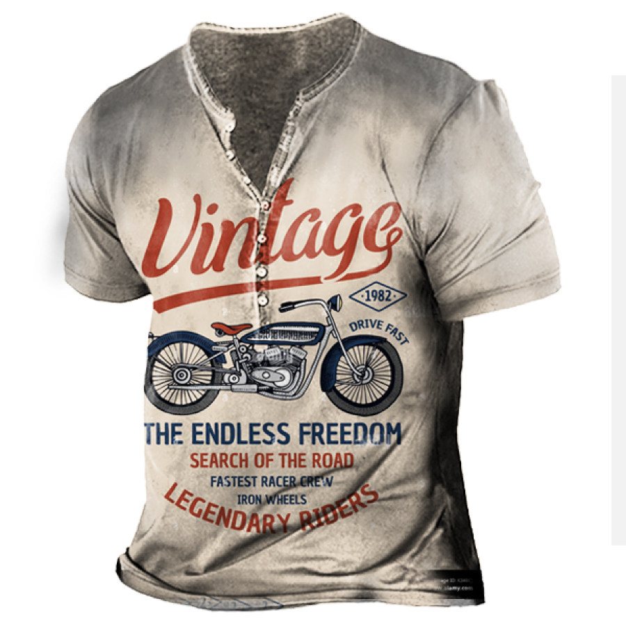 

T-shirt A Maniche Corte Henley Con Stampa Da Uomo Vintage Da Motociclista