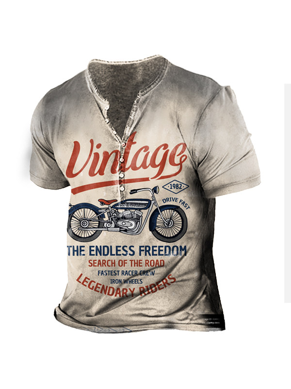 Vintage Motorcycle Racing Men's Print Henley Short Sleeve T-Shirt