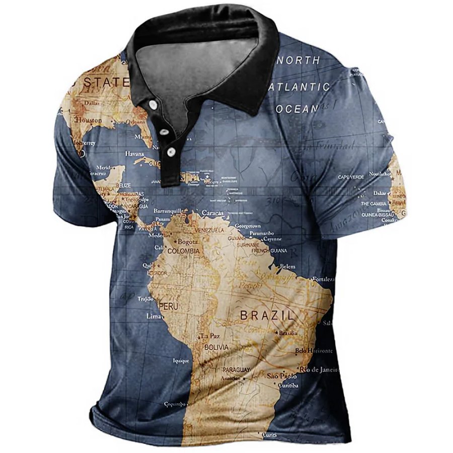 

Mens World Map Graphic Printed Polo Shirt