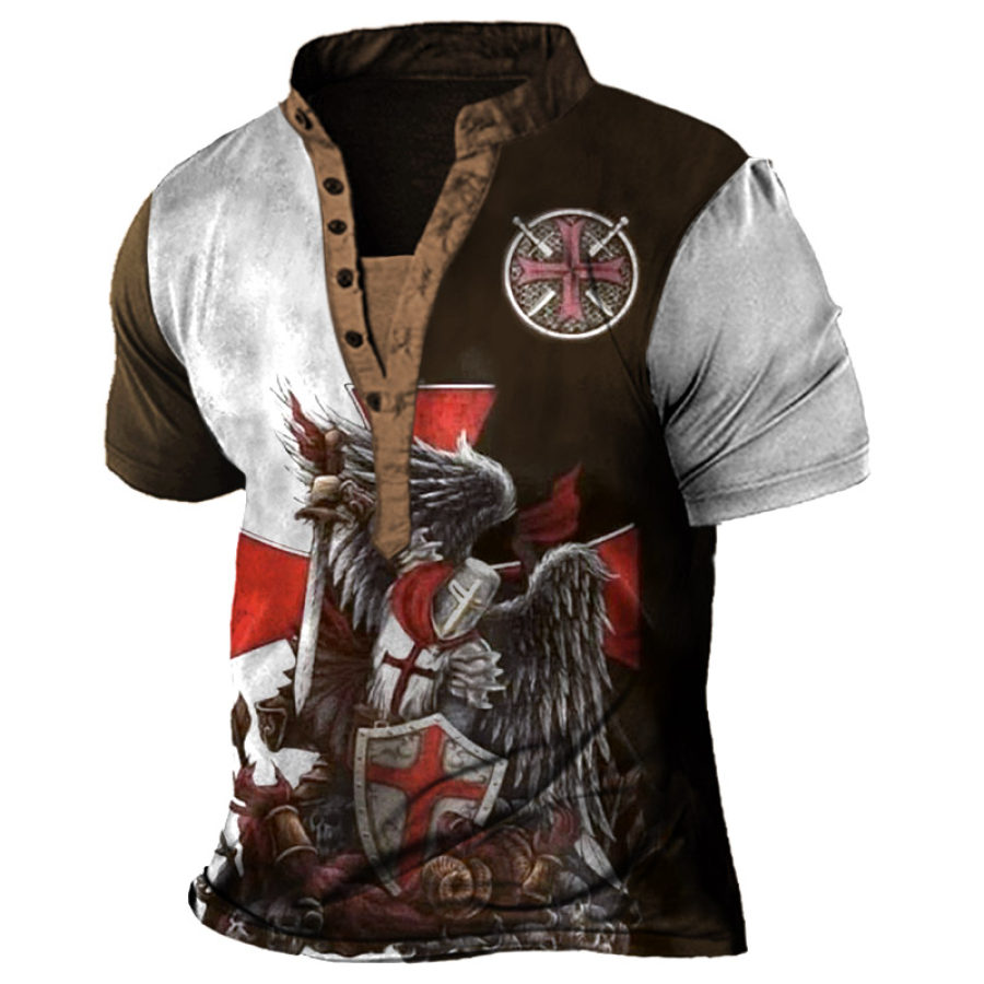 

Men's Color Block Vintage Templar Cross Henley T-Shirt