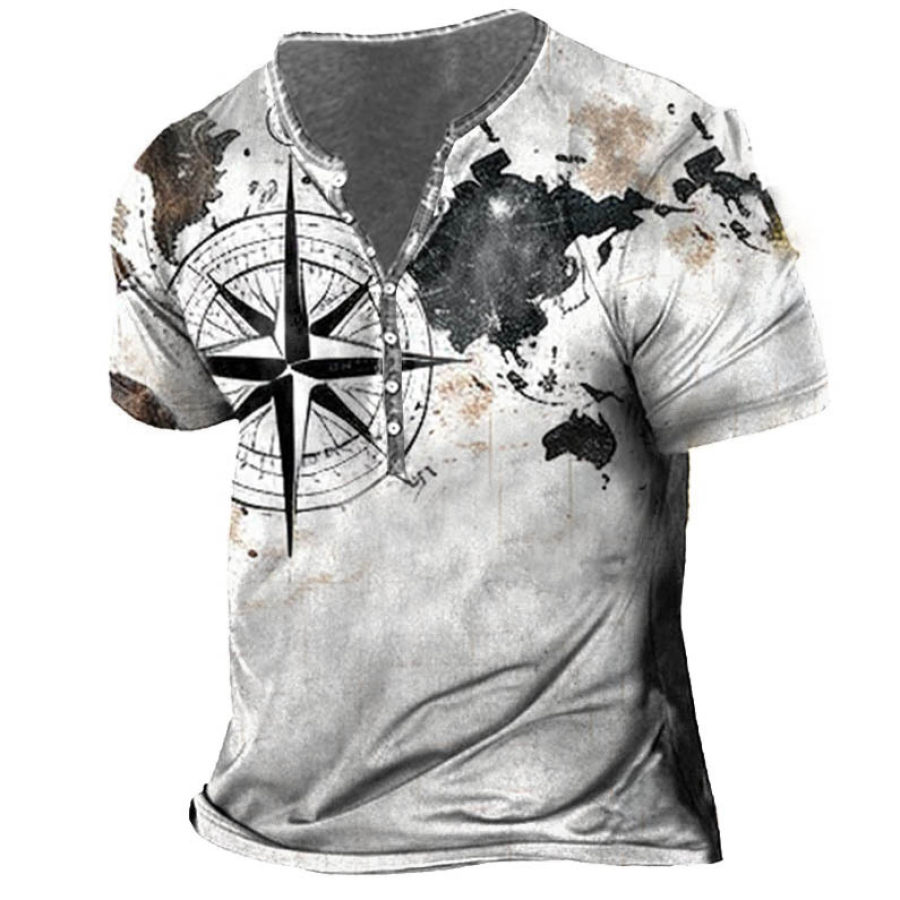 

Men's Vintage World Map Compass Henley T-Shirt