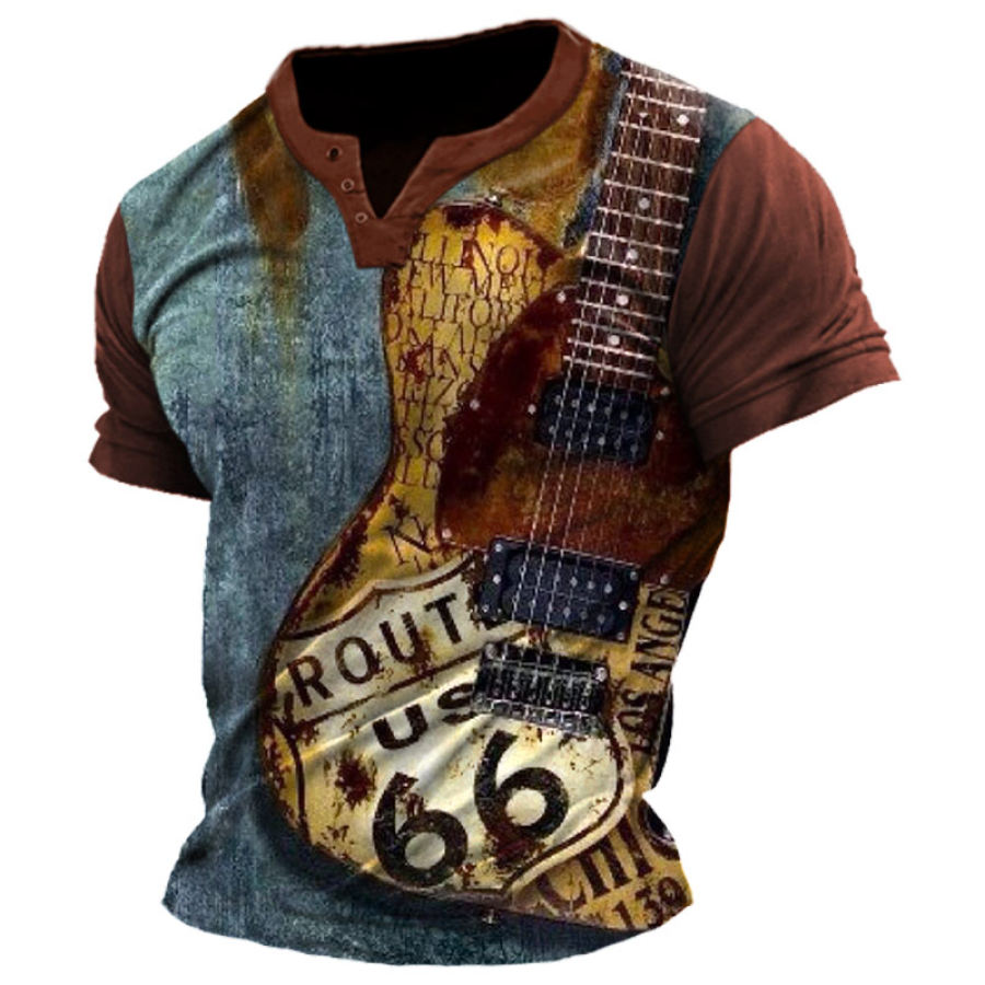 

Men's Outdoor Vintage Guitar Rock Route 66 Print T-Shirt