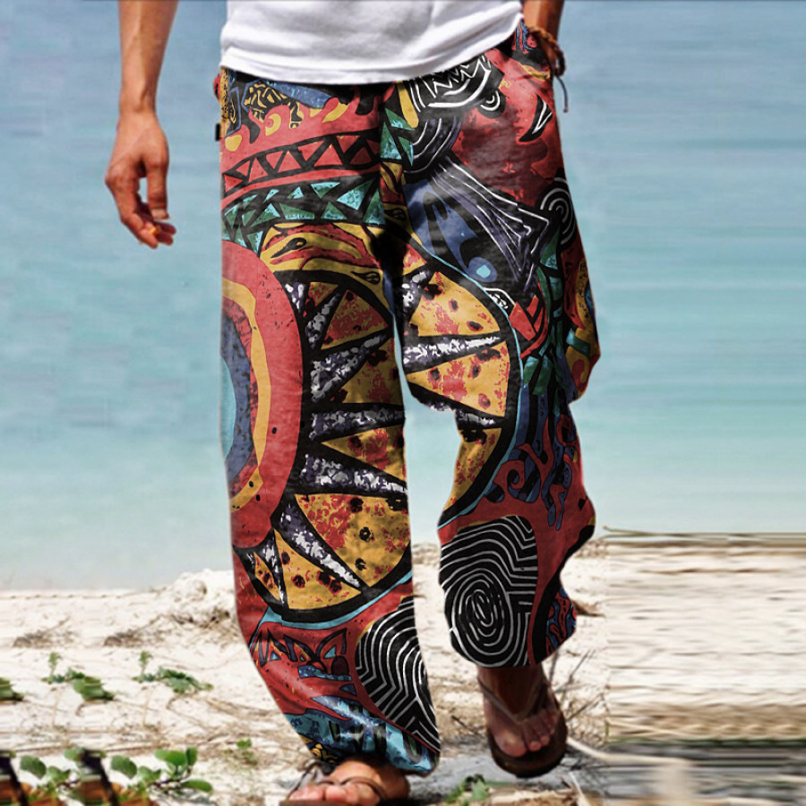 

Men's Linen Western Ethnic Irregular Boho Print Double Pocket Stretch Loose Pants