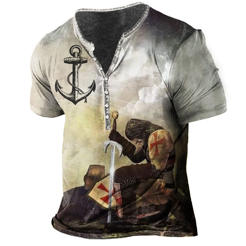 Men's Vintage Templar Anchor Print Chic Henley T-shirt