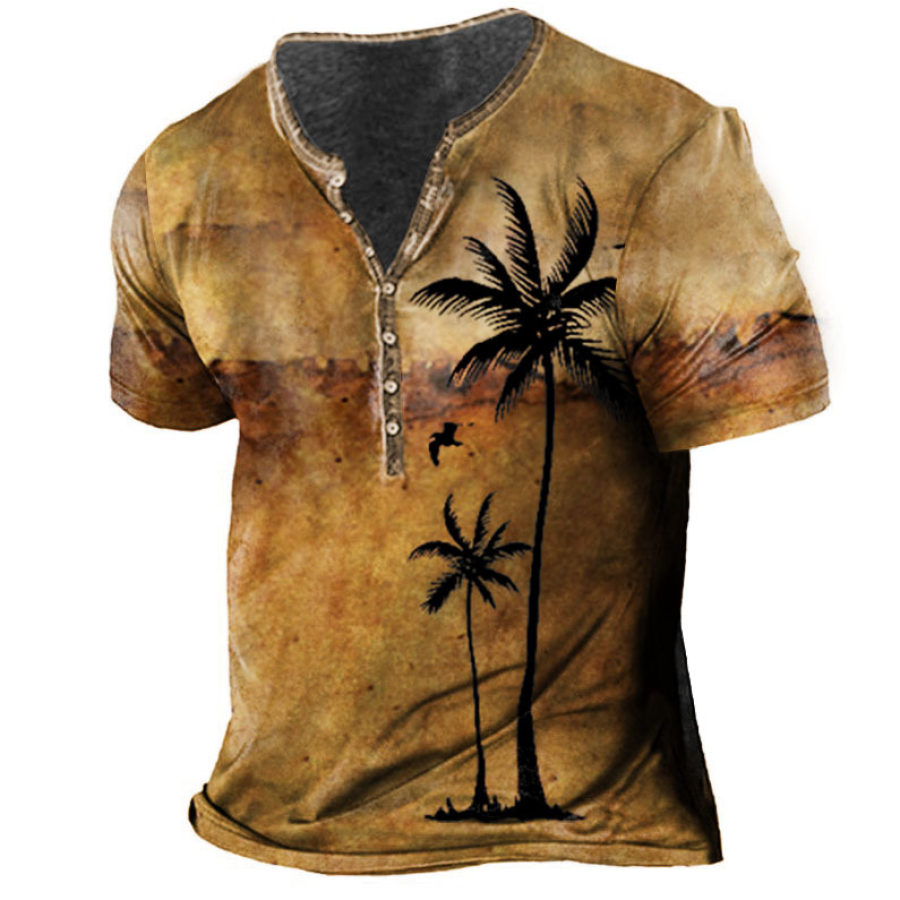 

Men's Vintage Coconut Tree Print Henley T-Shirt