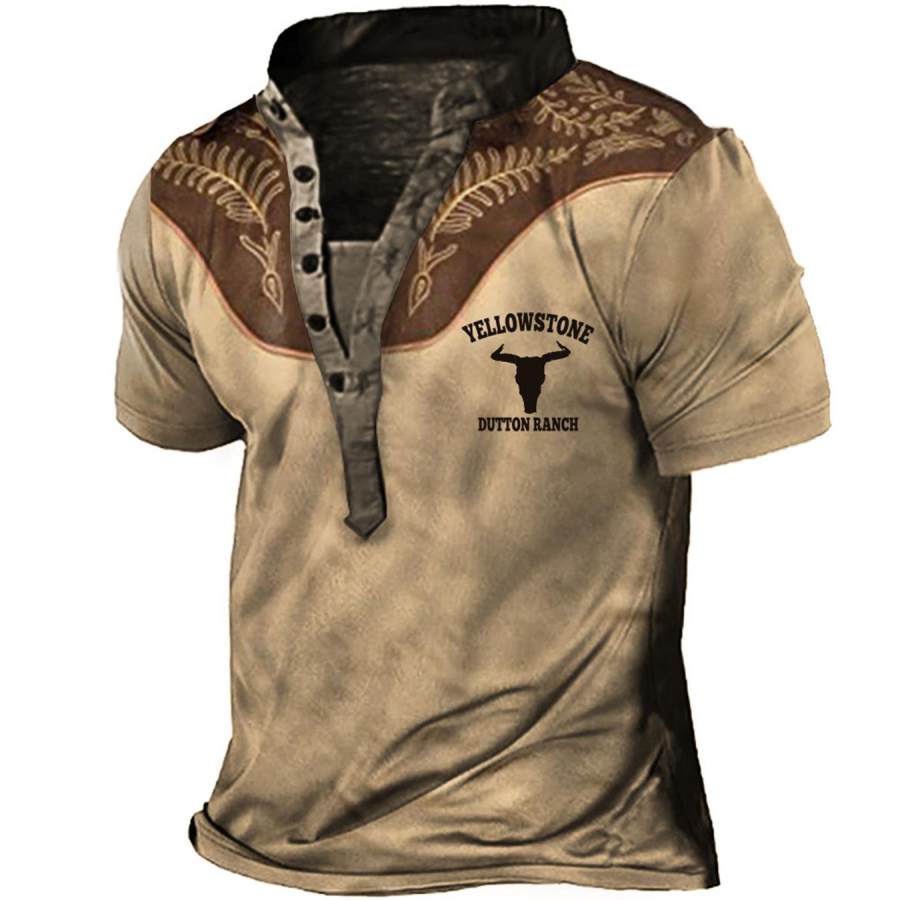 

Men's Vintage Yellowstone Bull Print Henley T-Shirt
