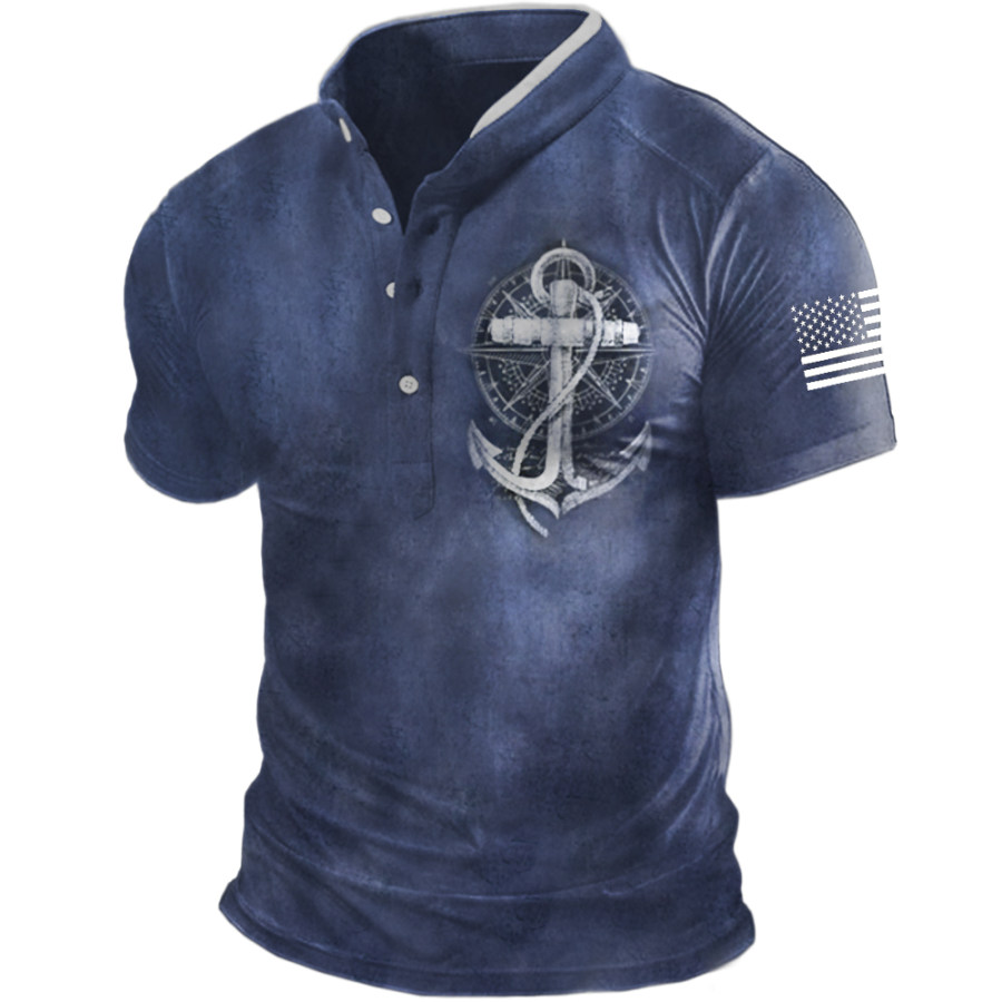 

Men's Vintage Compass Anchor Print Henley Neck T-Shirt