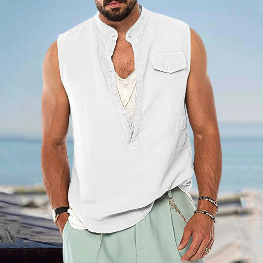 

Men's Linen Vest Stand Collar Loose Sleeveless Vest Casual Shirt