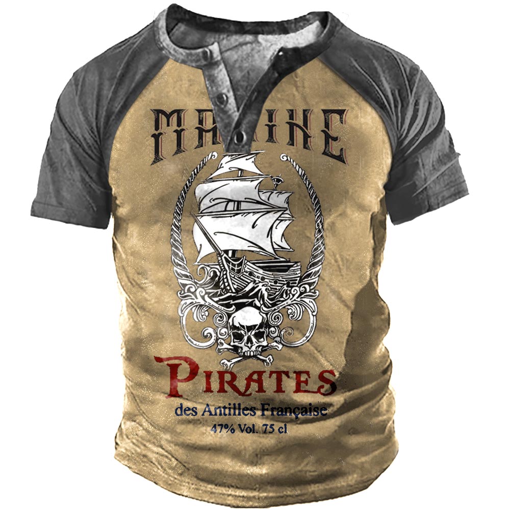 Men's Vintage Pirate Ship Chic Skull Henley T-shirt