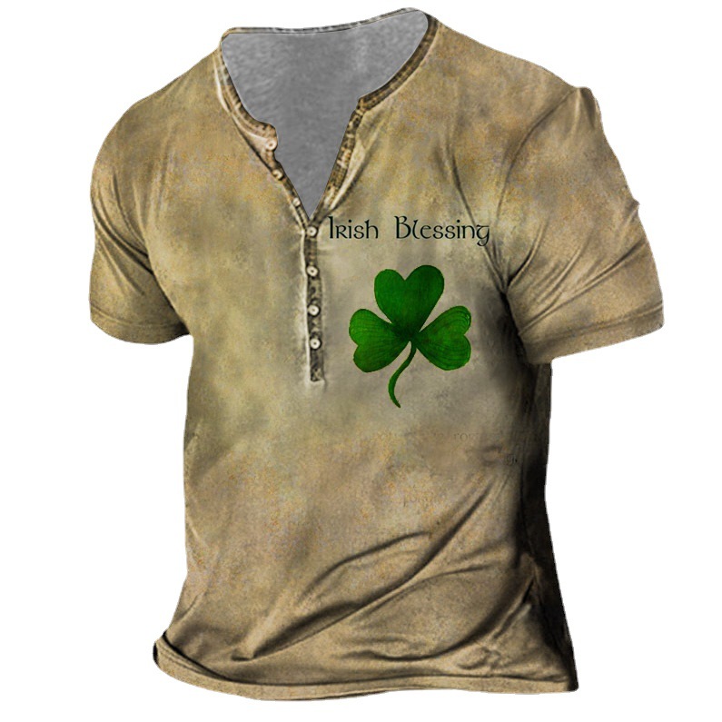 Men's St. Patrick's Day Chic Irish Blessing Clover Print Henley T-shirt