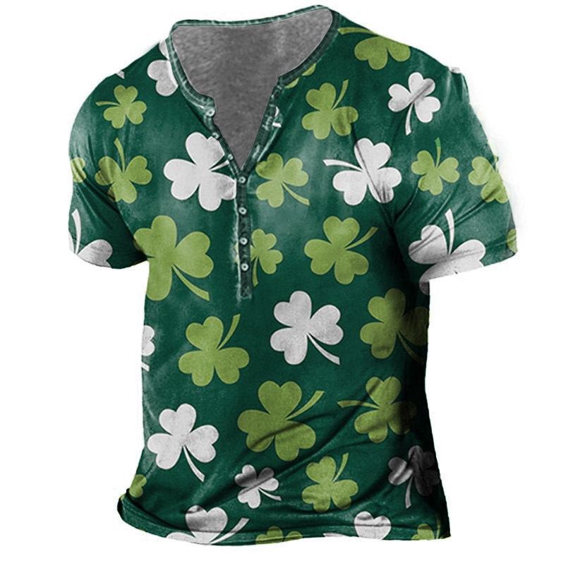 Men's St. Patrick's Day Chic Shamrock Print Henley T-shirt