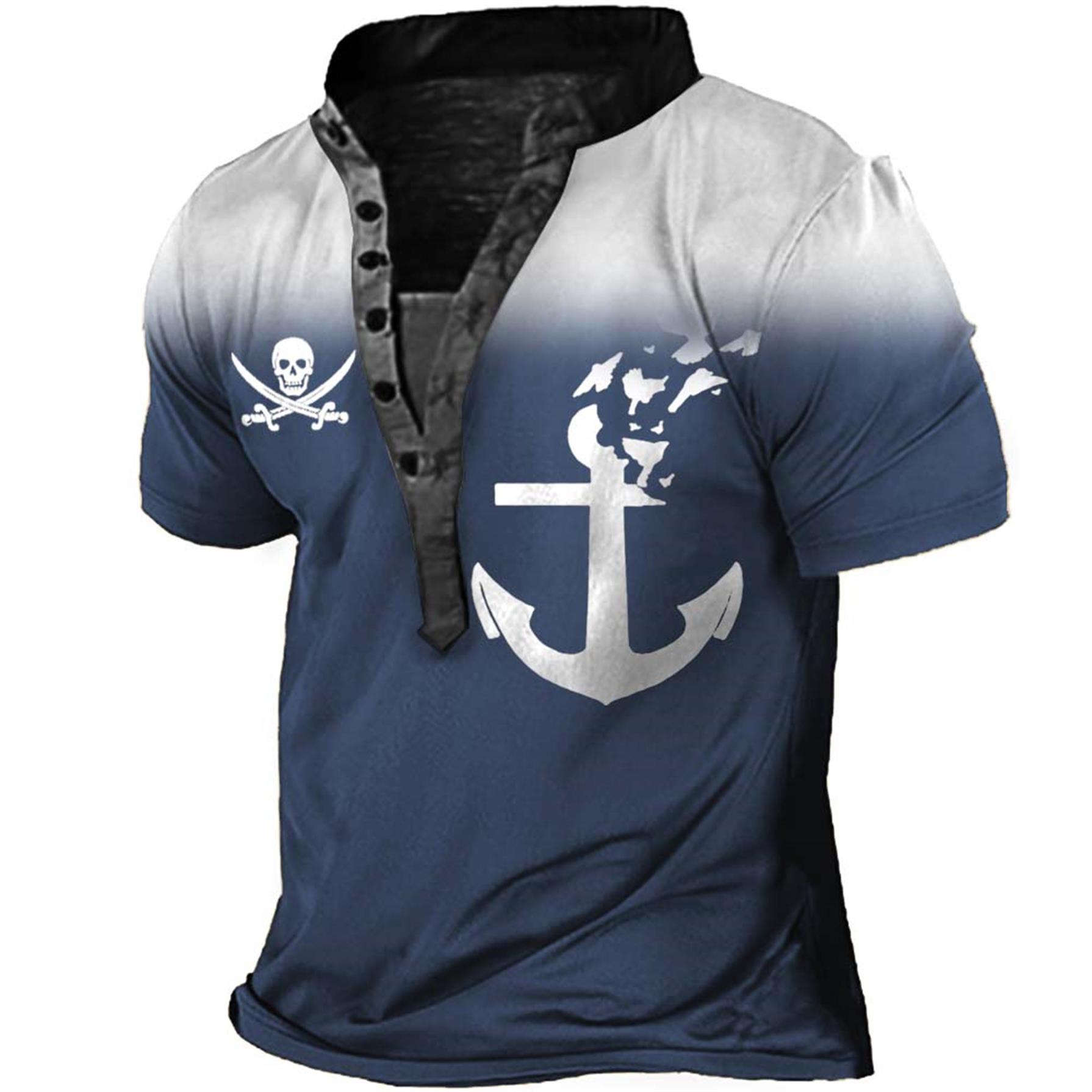 Men's Nautical Anchor Pirate Chic Skull Gradient Print Henley T-shirt