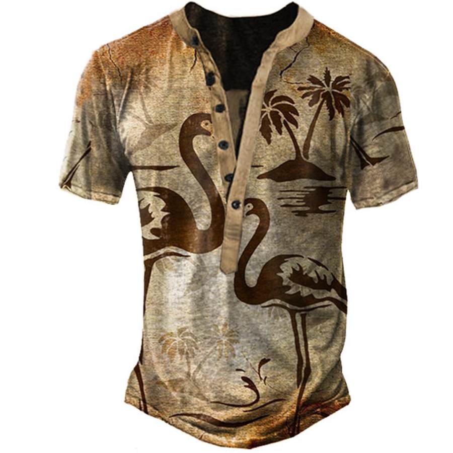

Men's Hawaiian Flamingo Coconut Tree Print Henley T-Shirt