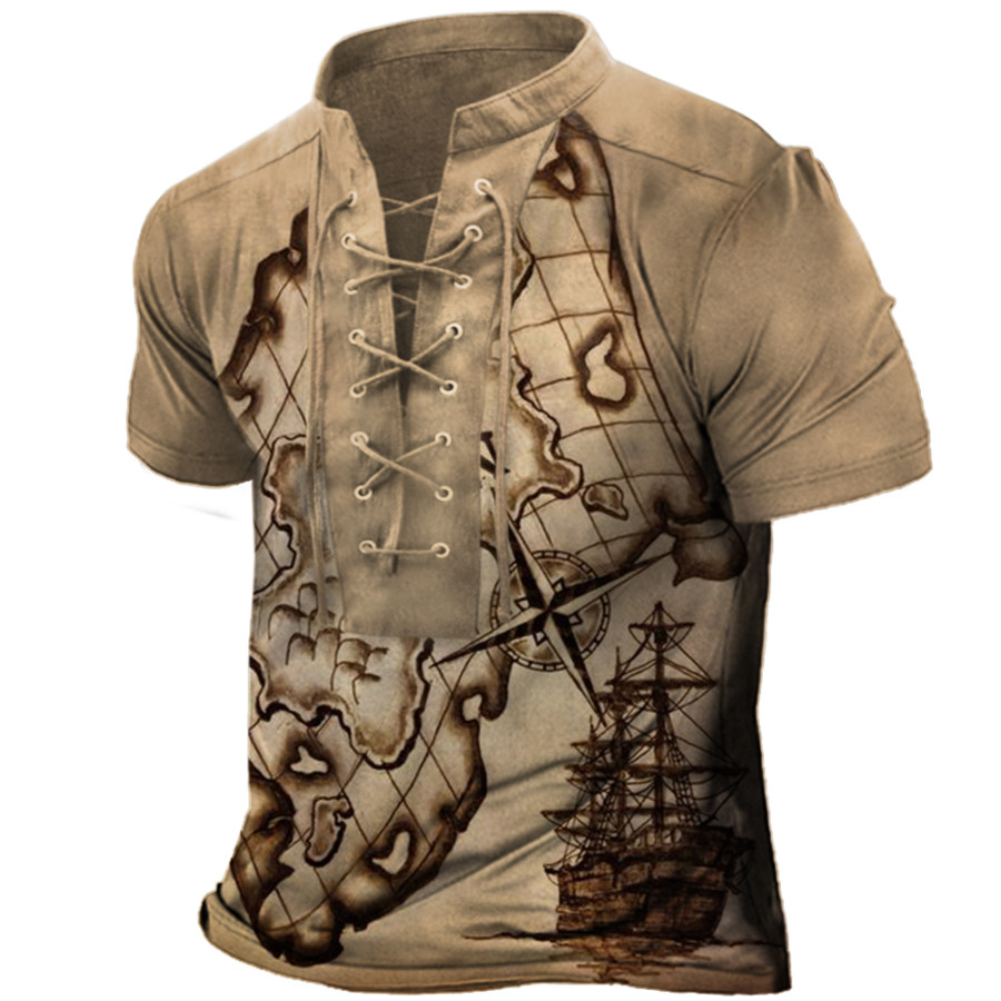 

Men's Outdoor Vintage Nautical World Map Compass Tie Stand Collar T-Shirt