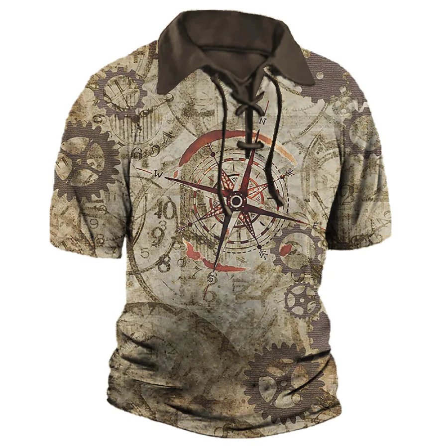 

Mens Outdoor Tactical Compass Graphic Printed Lace-up Polo Shirt