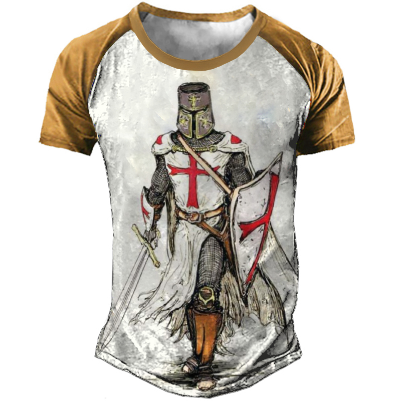 Men's Retro Cross Samurai Print Chic Contrast Panel Round Neck Short Sleeve T-shirt