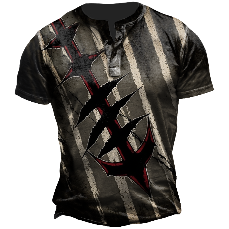 Men's Retro Geometric Vertical Chic Stripe Gradient Crack Print Henley Collar T-shirt