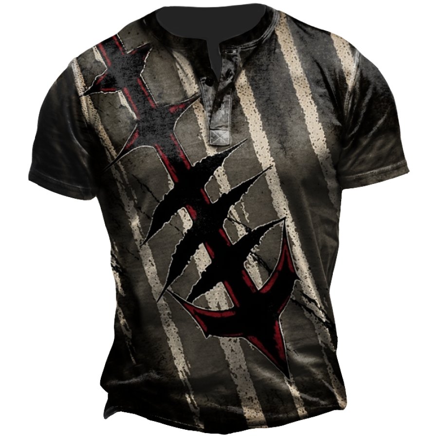 

Men's Retro Geometric Vertical Stripe Gradient Crack Print Henley Collar T-Shirt