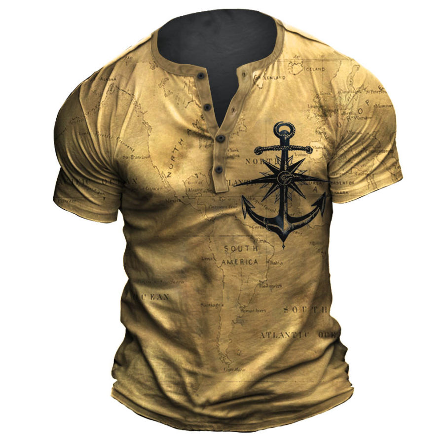 

Men's Vintage Nautical Map Anchor Compass Henley T-Shirt