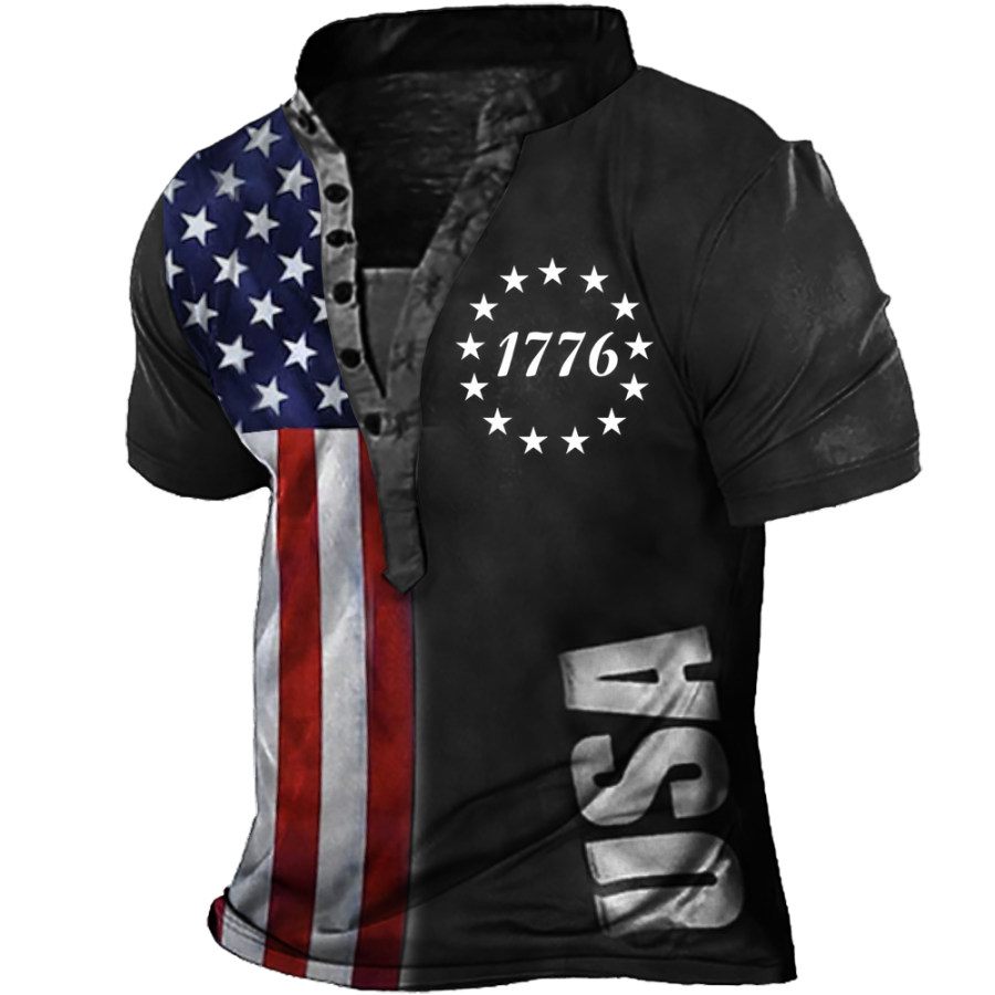 

Men's 1776 American Flag Print Henley Collar T-Shirt