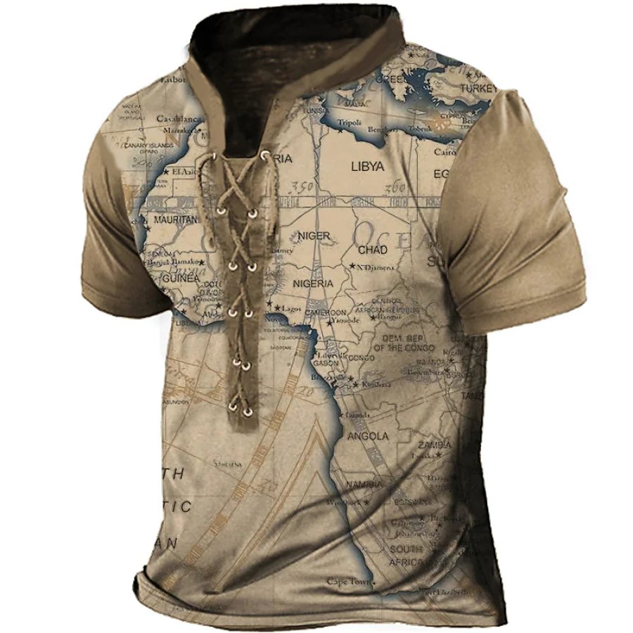 

Mens Outdoor Tactical Map Printed Lace-up V-neck T-shirt