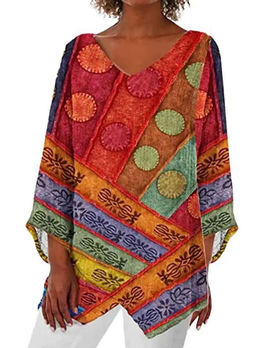 Round Neck Casual Loose Floral Print Long Sleeve Blouse