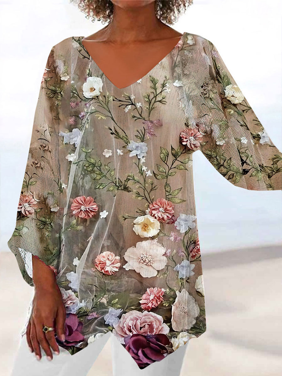 V-neck Casual Loose Floral Print Chic Long Sleeve Blouse