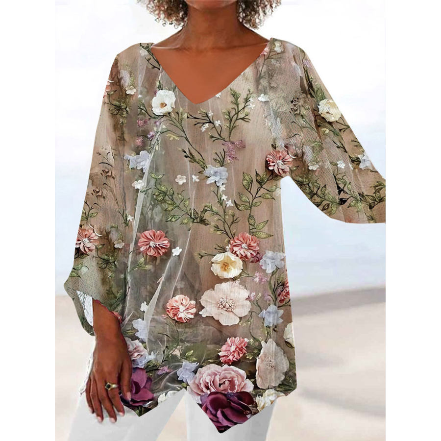 

Blusa De Manga Comprida Com Decote Em V Casual Solta Estampa Floral