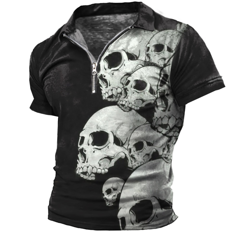 

Men's Vintage Skull Print Zipper Lapel T-Shirt