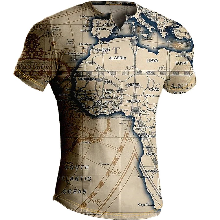 

Men's Outdoor Letter World Map Graphic Printed Waffle V-neck T-shirt