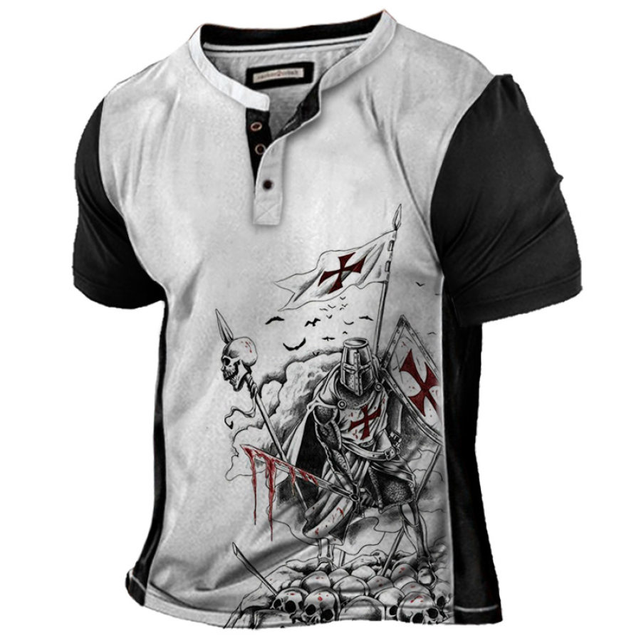 

Men's Casual Panel Templar Skull Print Henry T-Shirt