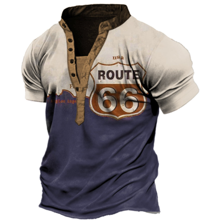 

Men's Vintage Route 66 Print Henley T-Shirt