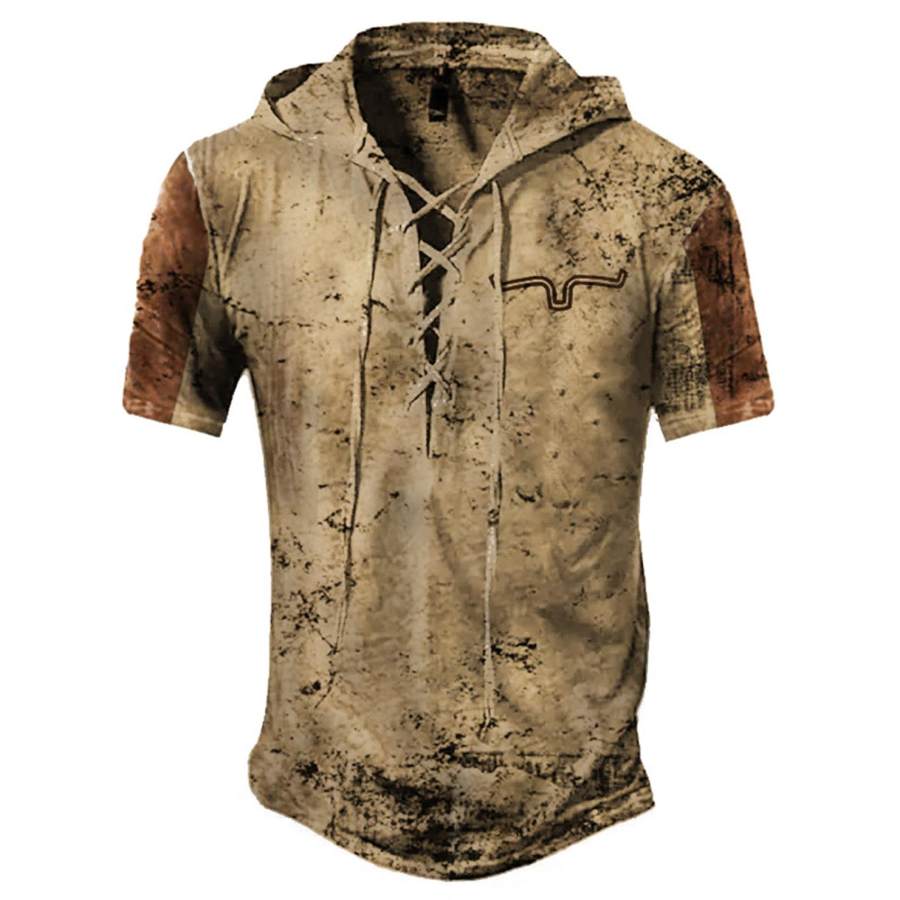 

Men's Vintage Western Cowboy Print Lace-Up Hooded T-Shirt