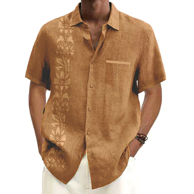 Mens Button Cotton Linen Chic Casual Printed Short Sleeve Shirt