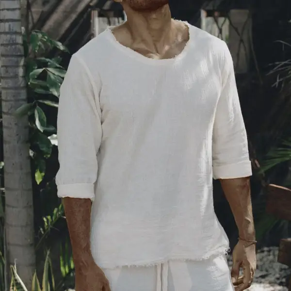 Men's Plain Simple Design Round Neck Long Sleeve Shirt - Chrisitina.com 