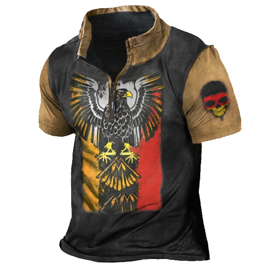 

Men's Vintage German Flag Eagle Skull Contrast Zip Stand Collar T-Shirt