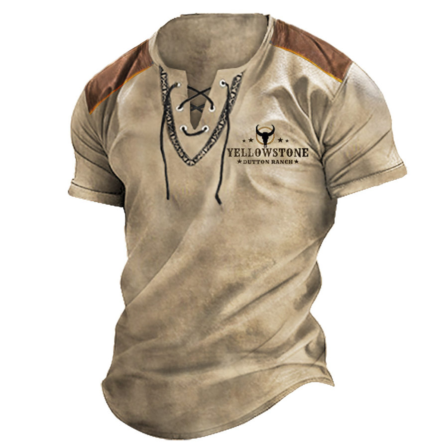 

Men's Vintage Yellowstone Contrast Color Print Lace-Up T-Shirt
