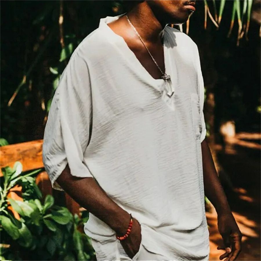 

Men's Linen V-neck Summer Beach Short Sleeve Shirt