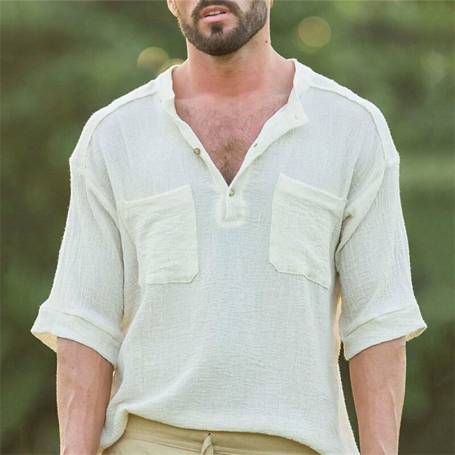 

Men's Linen V-neck Half-Sleeve Summer Beach Shirt