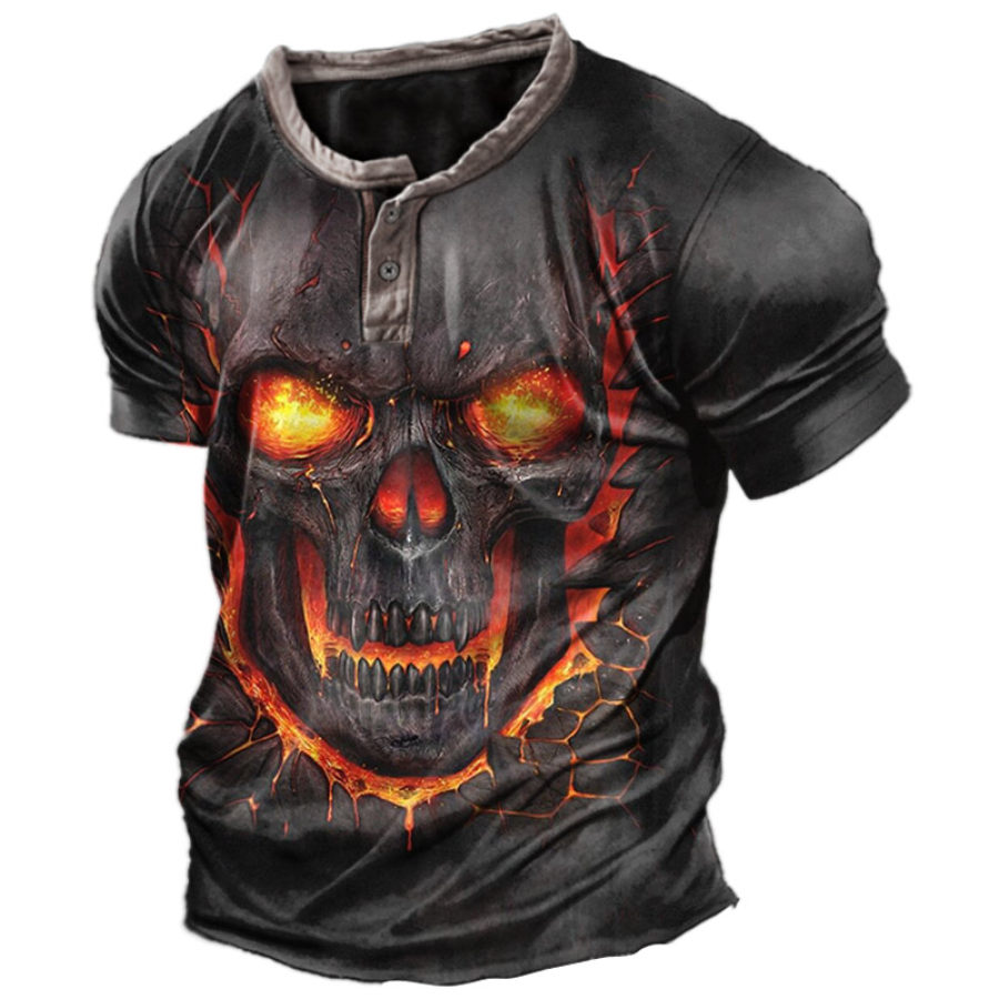 

Men's Vintage Lava Skull Print Henry T-Shirt