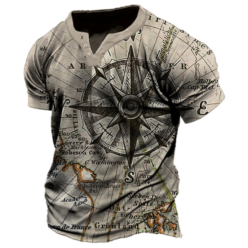 Men's Outdoor Compass Map Print Chic T-shirt