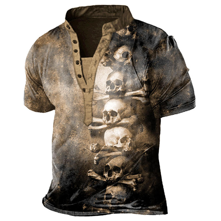 

Men's Vintage Skull Print Henley T-Shirt